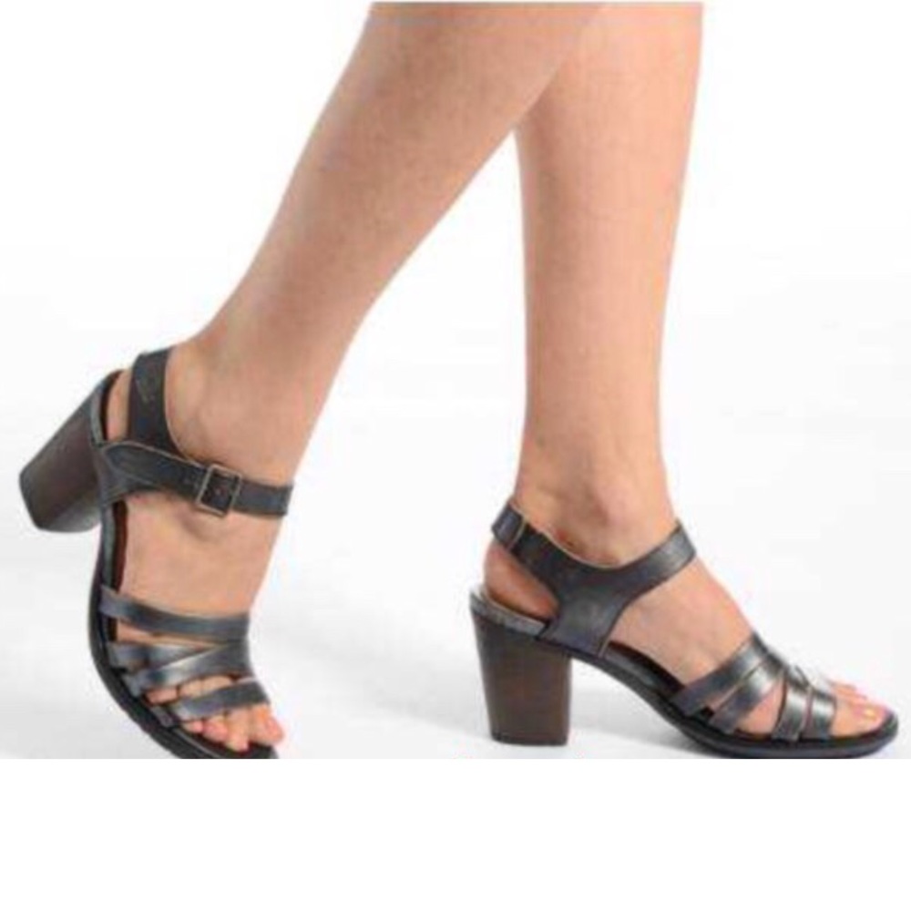 Black Distressed Leather Block Heel Sandals - Picture 3 of 6